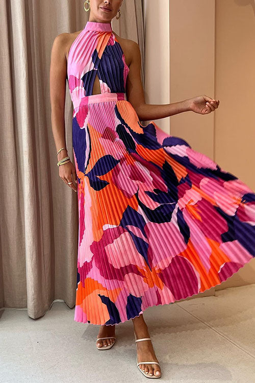 Maxikleid Damen Rückenfrei Baumwolle Polyester mit Print-3