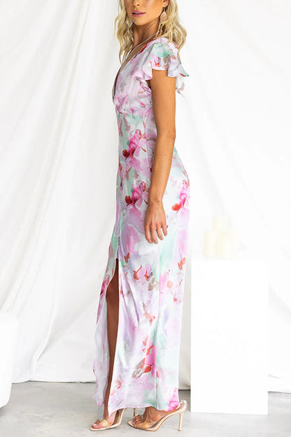Maxikleid Damen Tiefer V-Ausschnitt Blumenmuster Satin-2