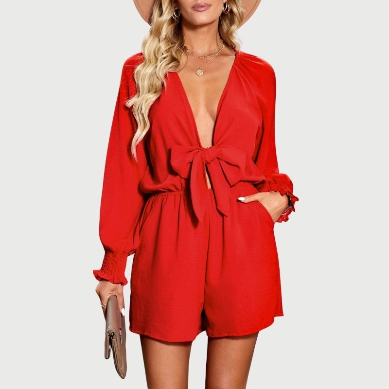Damen-Jumpsuit Tiefer V-Ausschnitt Knotenfront Volant-Ärmel Polyester 3