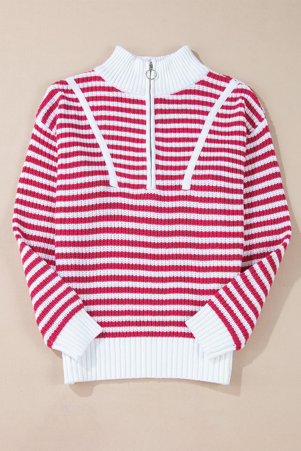 Damenpullover mit Reißverschluss, gestreift, 100% Baumwolle, mit Overlay-Schultern-3