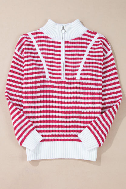 Damenpullover mit Reißverschluss, gestreift, 100% Baumwolle, mit Overlay-Schultern-3
