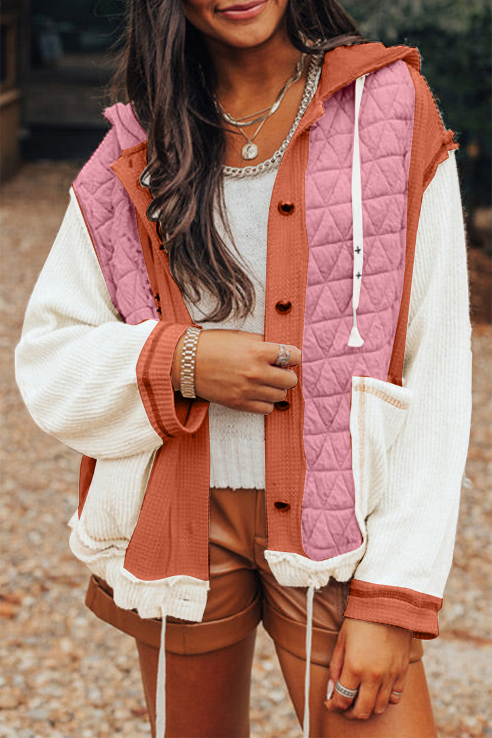 Winterjacke Damen mit Kapuze, wattiert, Polyester, Patchwork-Design-6