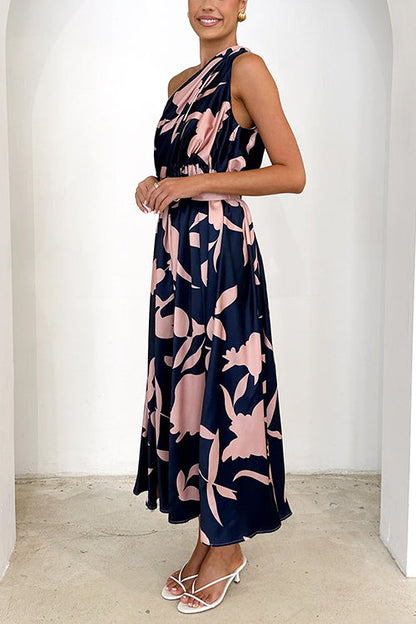 Damen-Midikleid, eine Schulter, Blattdruck, Baumwolle, Polyester-3