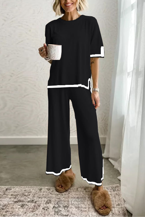 Damen-Loungewear-Set, Kurzarmes Top, Breites Bein, Hose, Baumwolle, Polyester-3