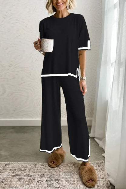 Damen-Loungewear-Set, Kurzarmes Top, Breites Bein, Hose, Baumwolle, Polyester-3