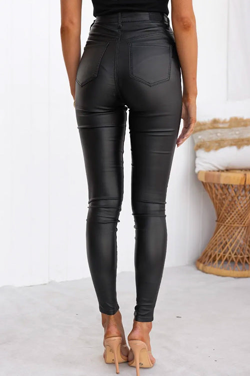 Damenhose, hohe Taille, schmales Bein, elastisches Kunstleder 5