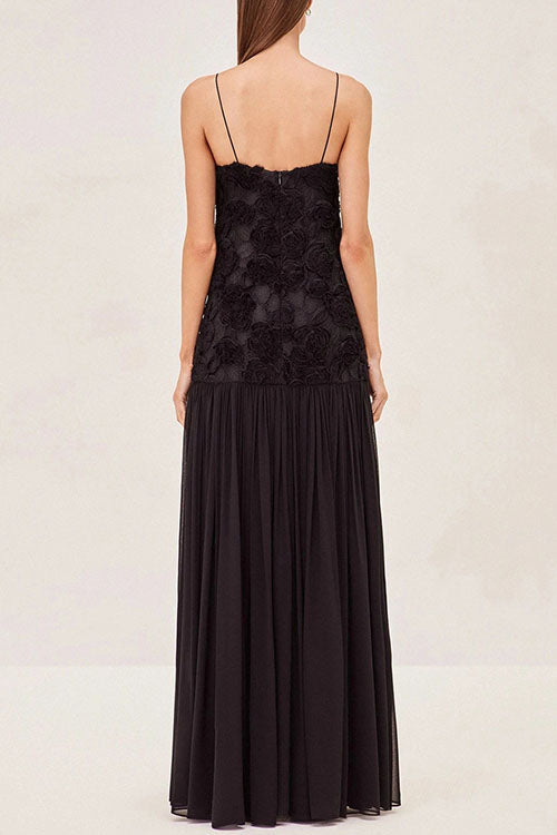 Damen-Maxikleid, Blumen-Applikation, Spaghettiträger, Baumwolle, Polyester-6