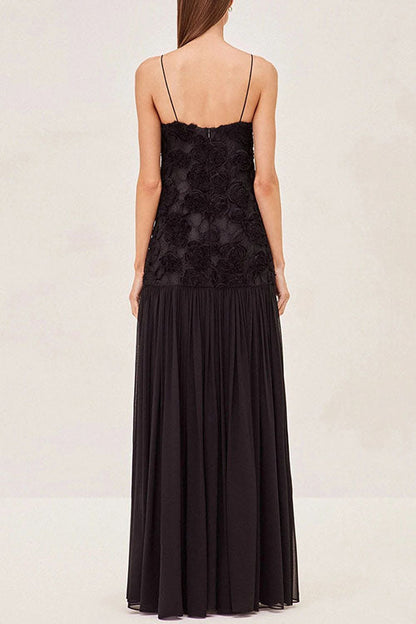 Damen-Maxikleid, Blumen-Applikation, Spaghettiträger, Baumwolle, Polyester-6
