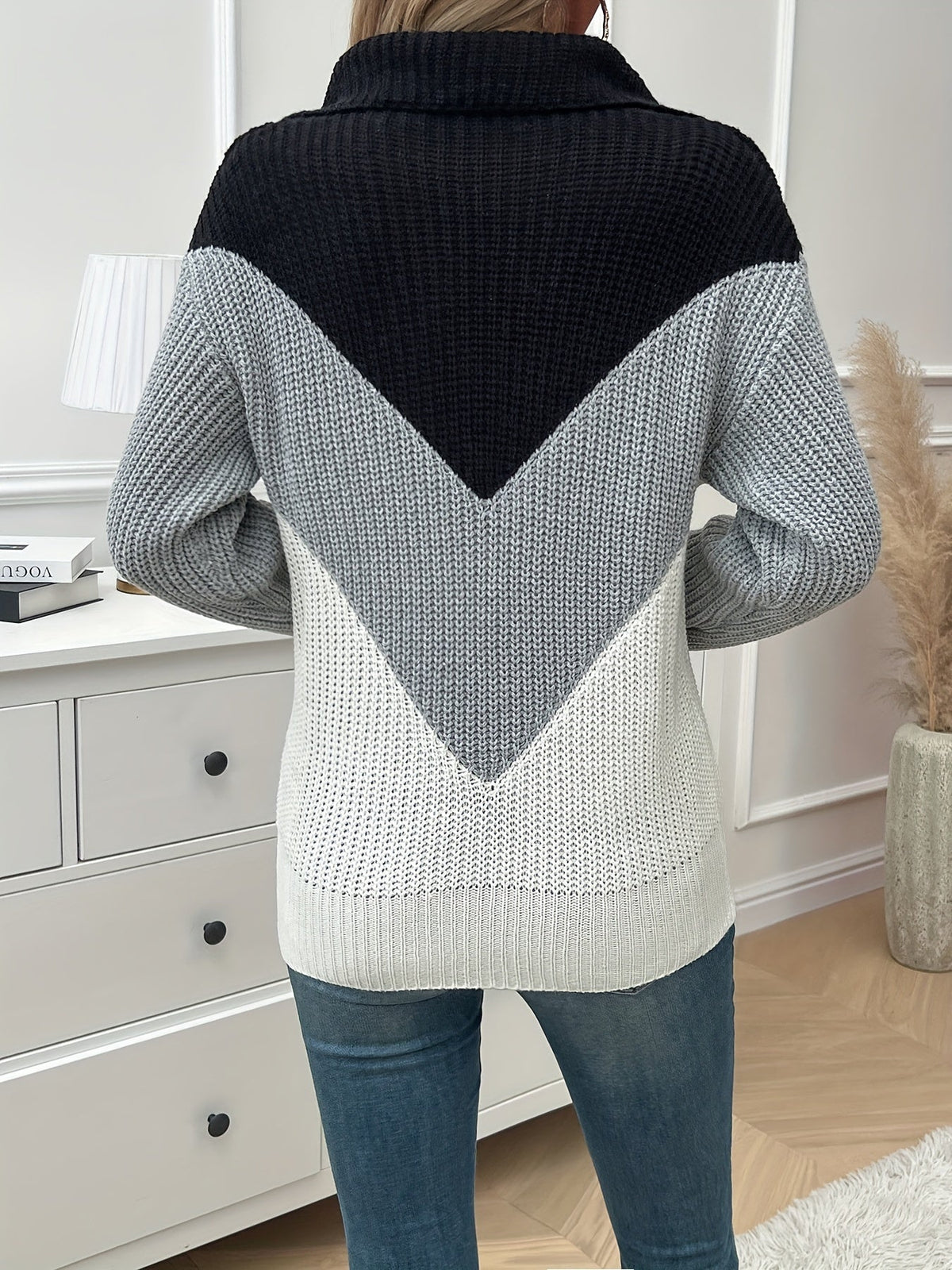 Damen-Pullover, Farbblock, Viertelreißverschluss, weiche Polyester-Baumwolle-2