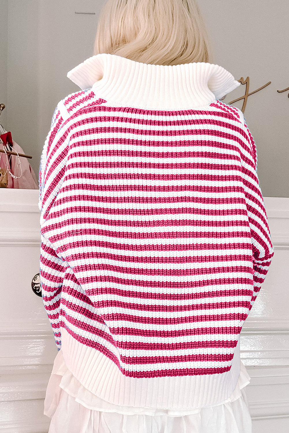 Damenpullover mit Reißverschluss, gestreift, 100% Baumwolle, mit Overlay-Schultern-2