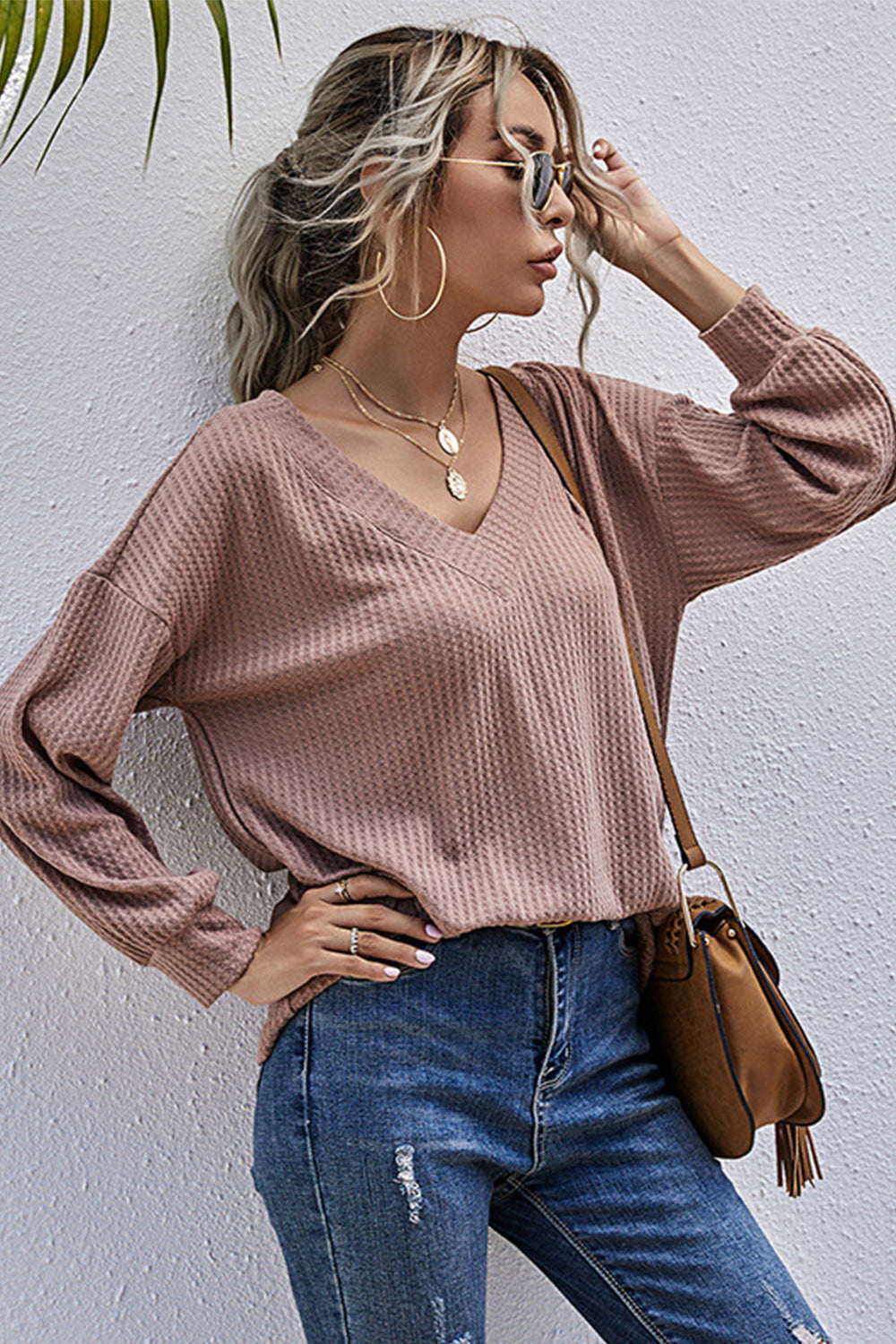 Langarm-Top mit V-Ausschnitt für Damen aus Polyester – Lockere Passform, einfarbiges Party-Top 5