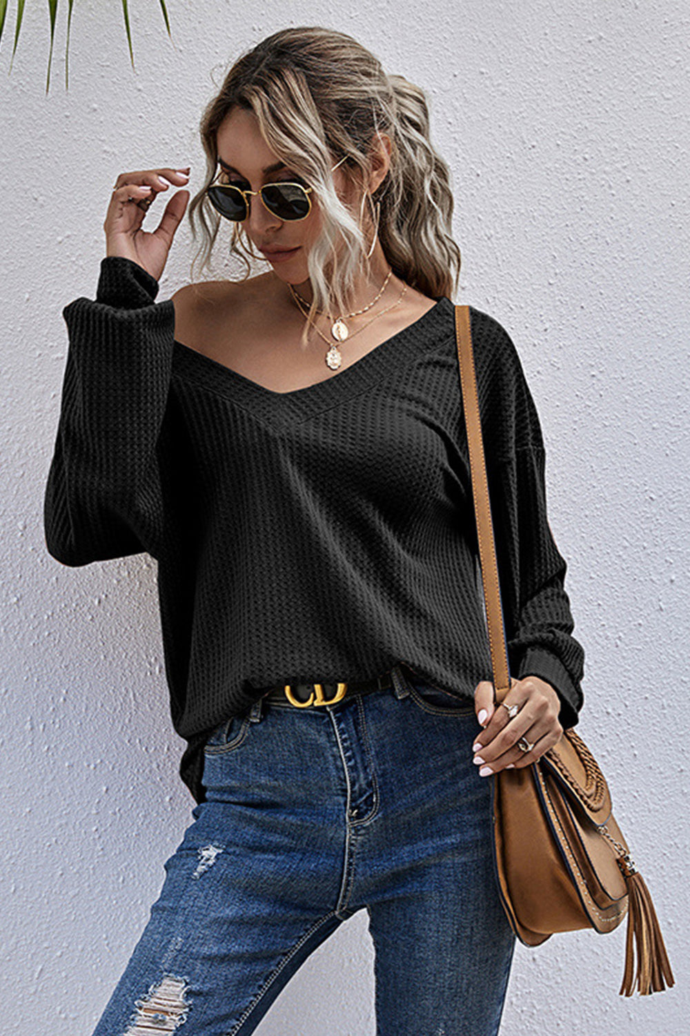Langarm-Top mit V-Ausschnitt für Damen aus Polyester – Lockere Passform, einfarbiges Party-Top 3