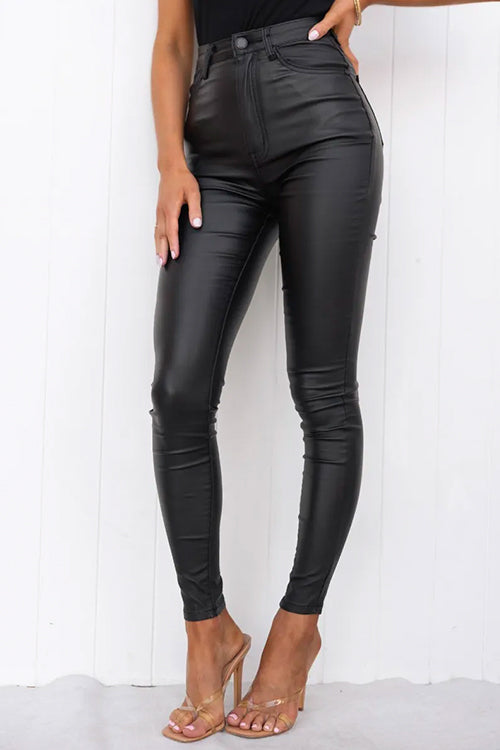 Damenhose, hohe Taille, schmales Bein, elastisches Kunstleder 6
