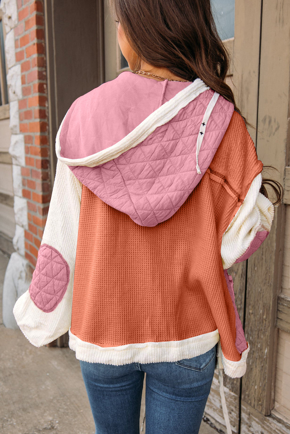 Winterjacke Damen mit Kapuze, wattiert, Polyester, Patchwork-Design-4