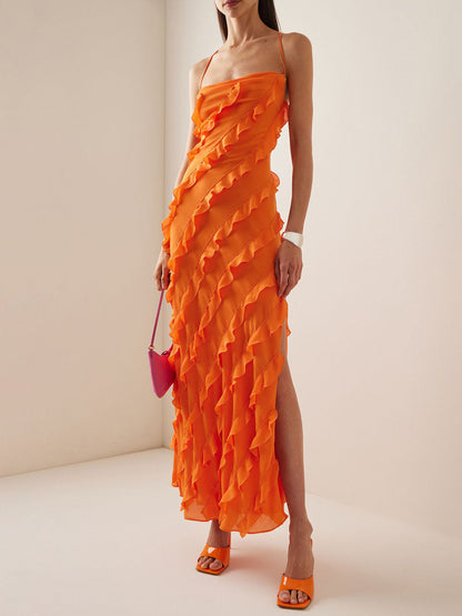 Damen-Maxikleid, mit Rüschen und hoher Schlitz aus Polyester-1