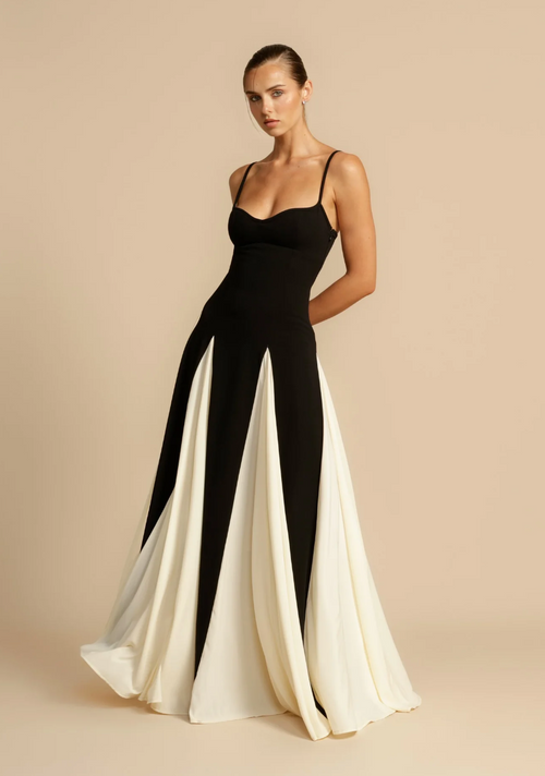 Damen-Maxikleid, zweifarbige Spaghettiträger, Riemen, Polyester, Elasthan-1