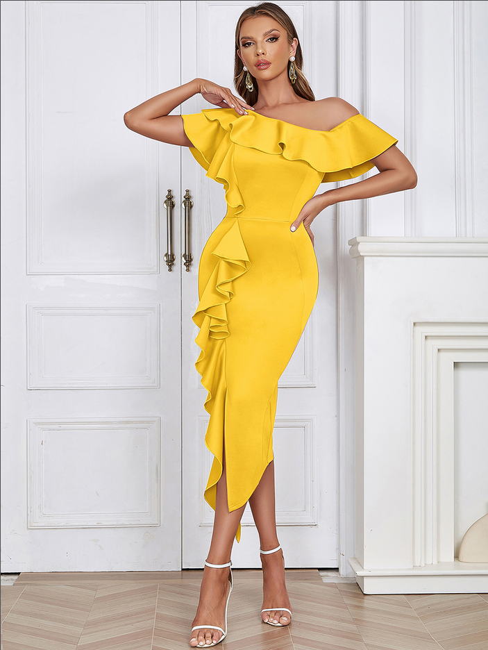Damen-Midikleid mit asymmetrischem Design und Rüschenkragen - Sonnengelb, figurbetonte Passform, 100% Polyester 2