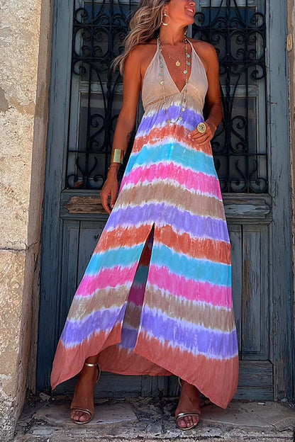 Maxikleid Damen Tiefer V-Ausschnitt Tie-Dye Baumwollmischung-1