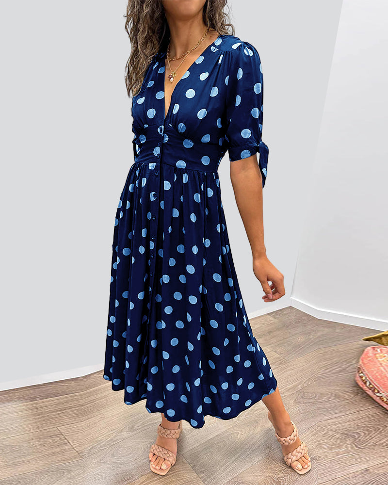 Damen-Midikleid, V-Ausschnitt, Polka Dots, Baumwolle-6