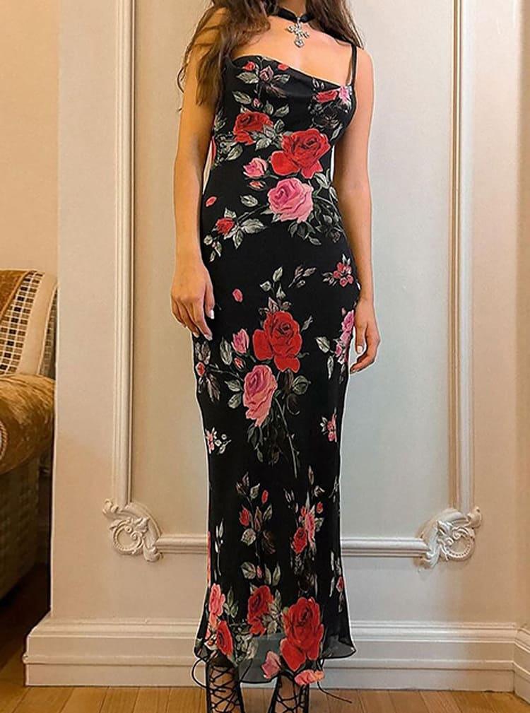 Damen-Maxikleid, geblümt Satin, lange Ärmel-1