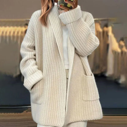 Damen-Strickjacke, lang, gestrickte Baumwolle mit langen Ärmeln-2