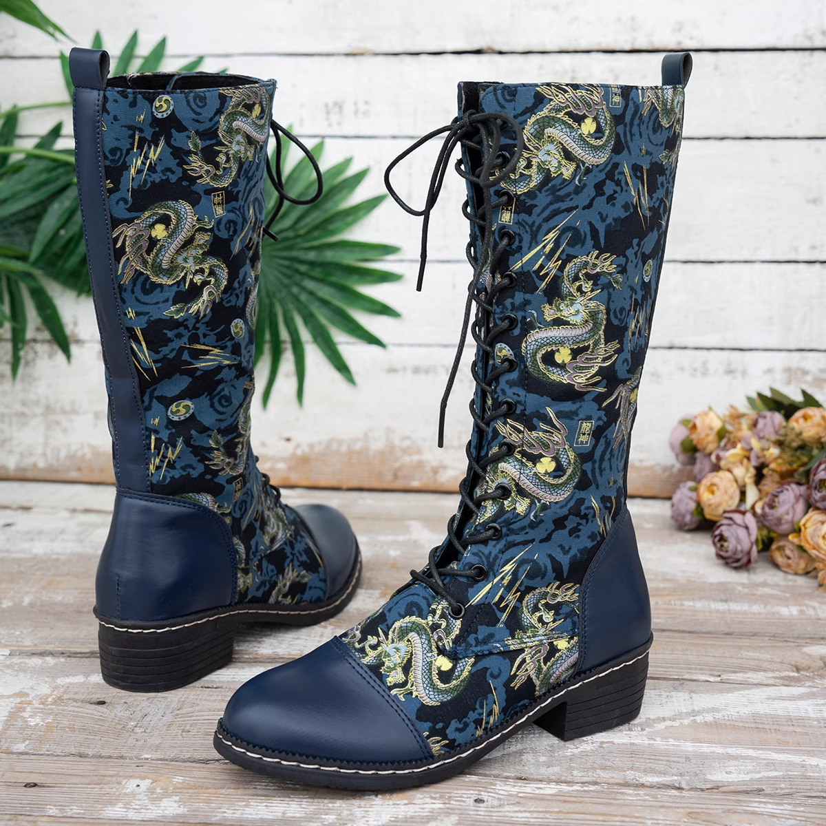 Damen-knielange-Stiefel, Drachenmuster, synthetisches PU-1