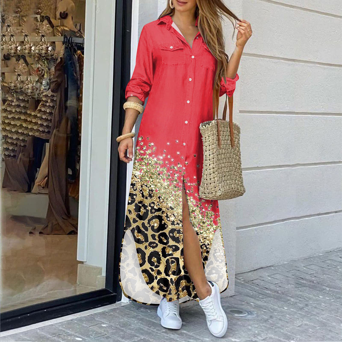 Damen-langes Kleid, Hemdblusen-Stil, Polyester, Leopardenmuster-2