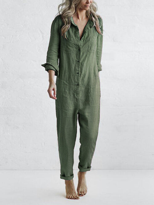 Damen-Jumpsuit Langarm Leinen-Baumwolle-Polyester-1