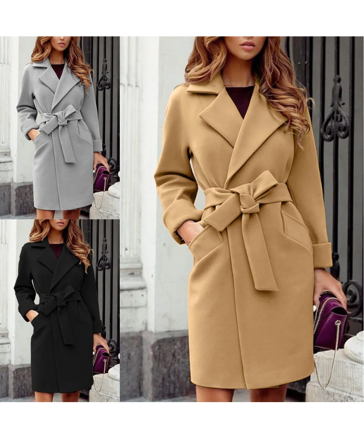 Damen-Trenchcoat mit Gürtel, wendbarer Kragen, Polyester, knielang-4