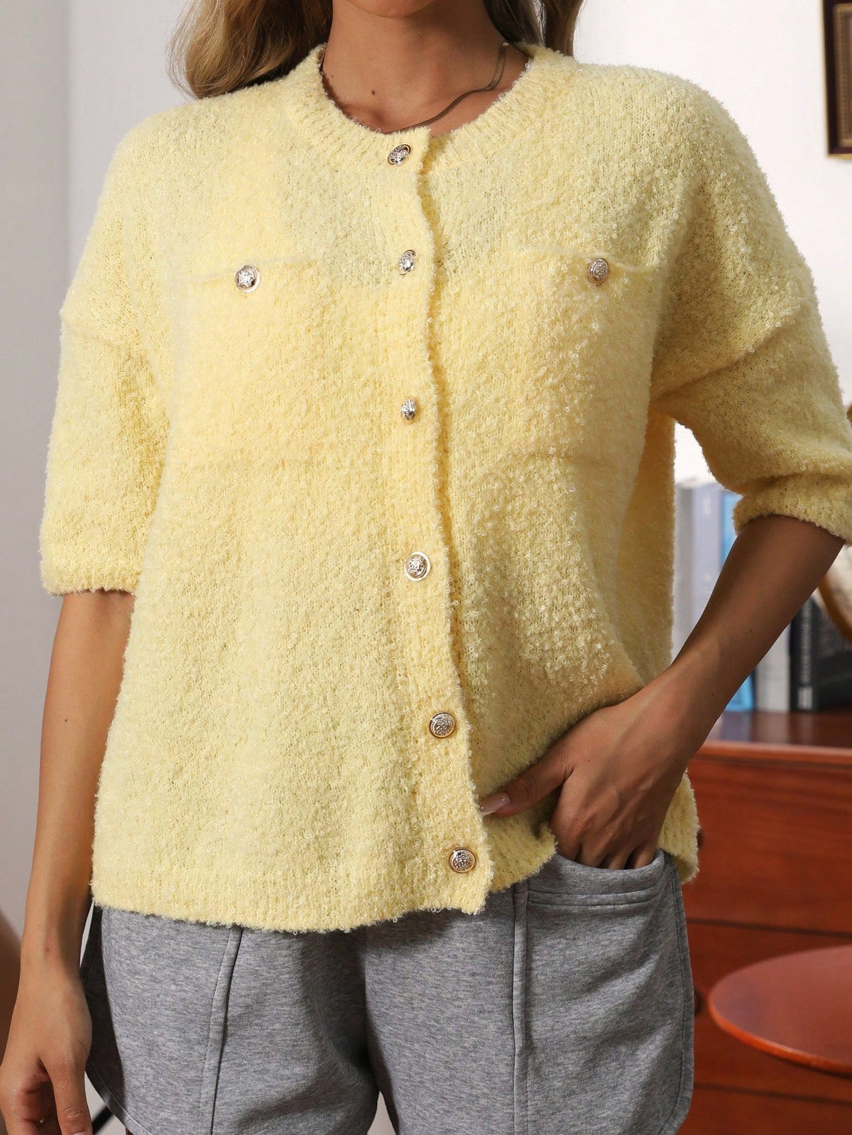 Damen-Cardigan, Knopfdesign, weiches Polyester-1
