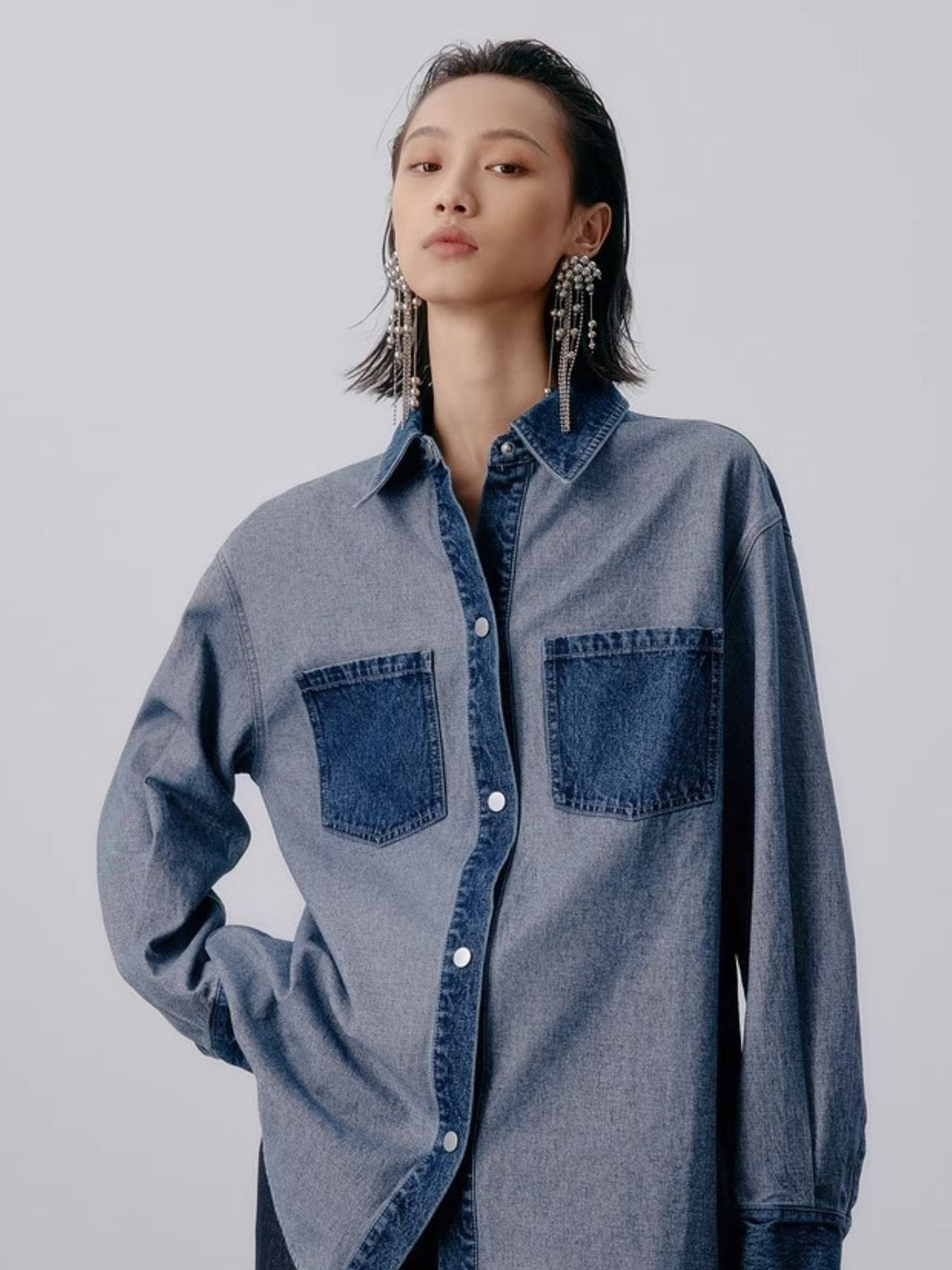 Variant image for Damen-Hemd, Farbblock, Denim, Patchwork-Design-1