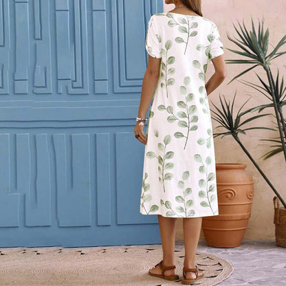 Schöne Damenkleider, V-Ausschnitt, Blattmuster, Polyester, elegante Sommerkleider-3