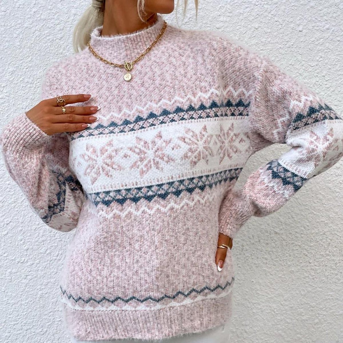 Variant image for Damen-Pullover, Streetstyle, halboffener Kragen, Polyester, mit Schneeflockenmuster-9