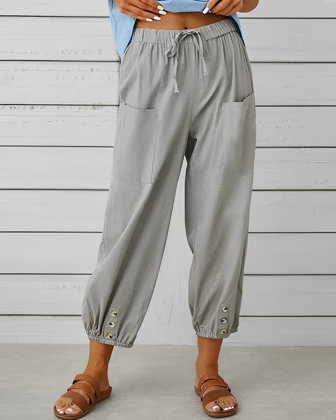 Damen-Leinenhose, 7/8-Länge, Hoche Taille, mit Taschen-2