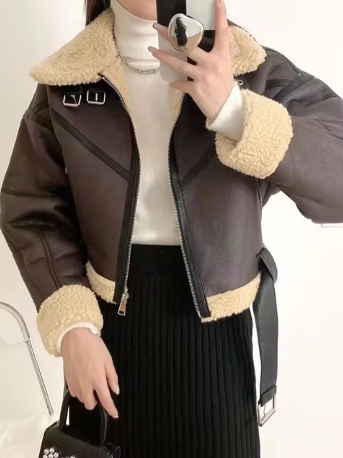 Damen-Fleecejacke, Moto-Stil, mit Gürtel, Kunstfell-2