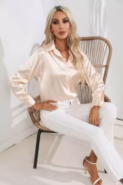 Damenbluse Langarm Satin eleganter V-Ausschnitt-1