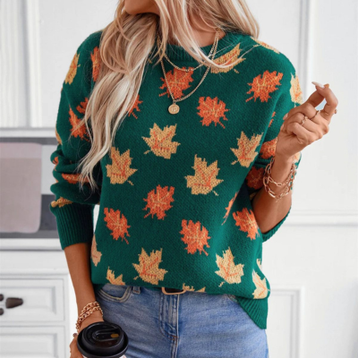 Variant image for Damen-Pullover, Herbstlaubmuster, weiches Material-1