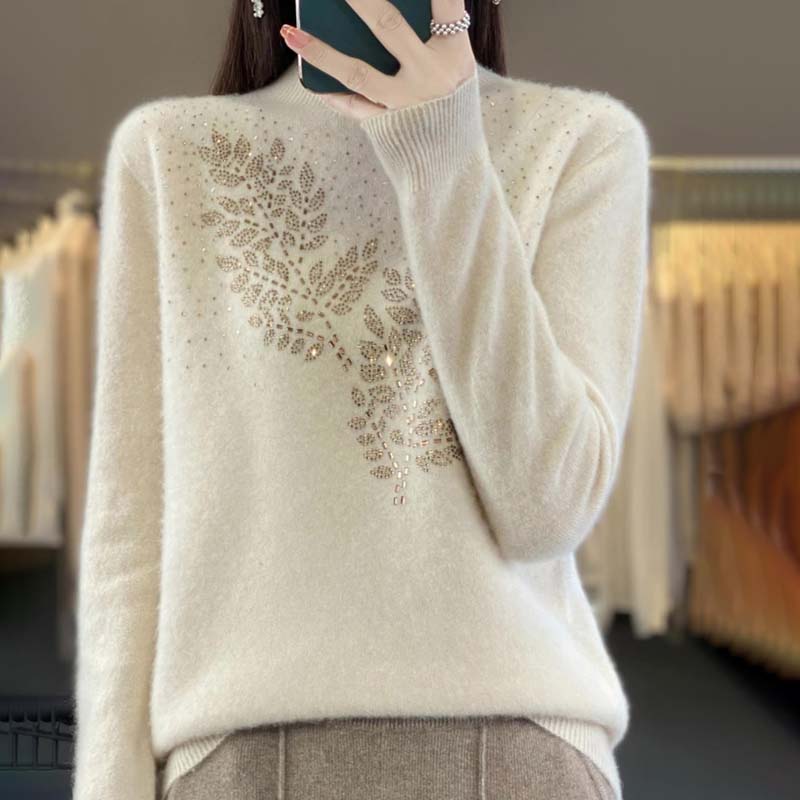 Variant image for Damen-Strickpullover, mit Blattmuster aus Baumwolle und Acryl, halbhocher Ausschnitt, lange Ärmel-6