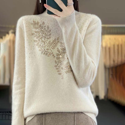 Variant image for Damen-Strickpullover, mit Blattmuster aus Baumwolle und Acryl, halbhocher Ausschnitt, lange Ärmel-6