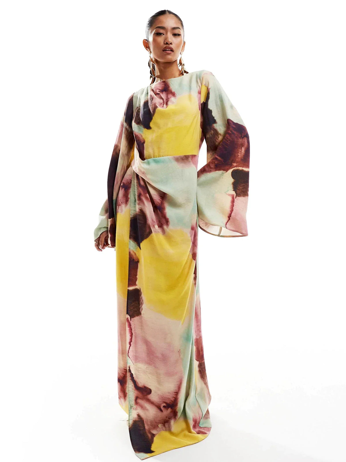 Variant image for Damen-Kleid, langärmelig, drapiert, abstrakt, Stoff-4