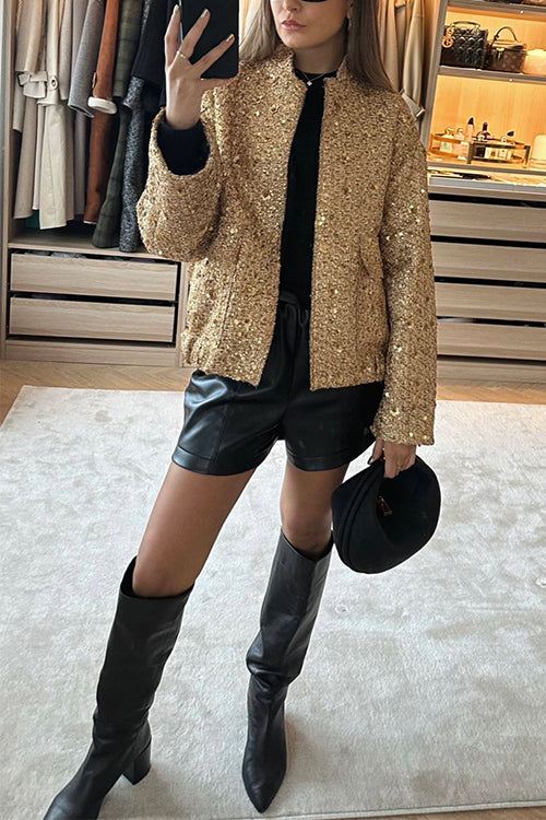 Damenjacke mit Stehkragen Glitzernde Taschen Baumwolle Polyester-2