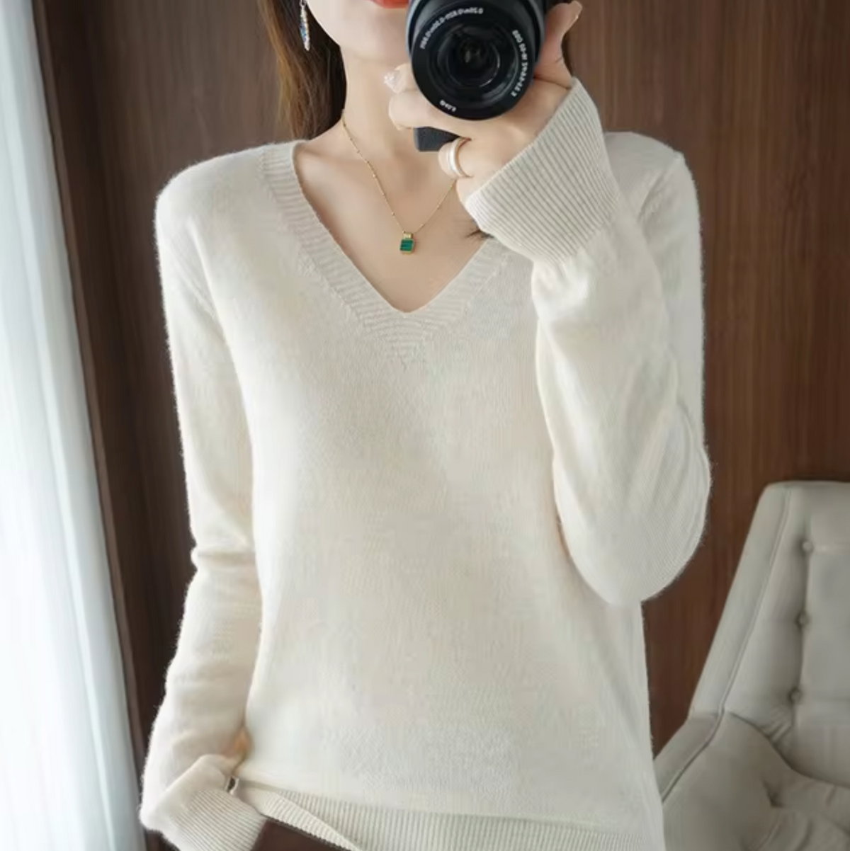 Variant image for Damen-Strickpullover, V-Ausschnitt, leichtes Material, lockere Passform-1