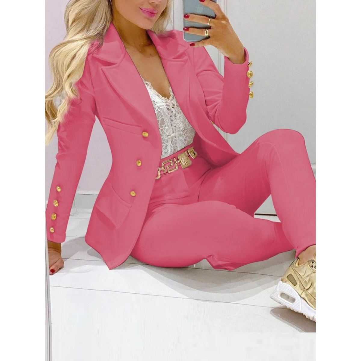 Damen Blazer mit Groß Kragen und Hose in Polyester-1