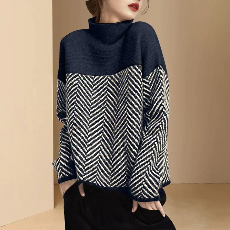 Variant image for Damen-Strickpullover, hoher Kragen, Fischgrätmuster, weiches Acryl-1