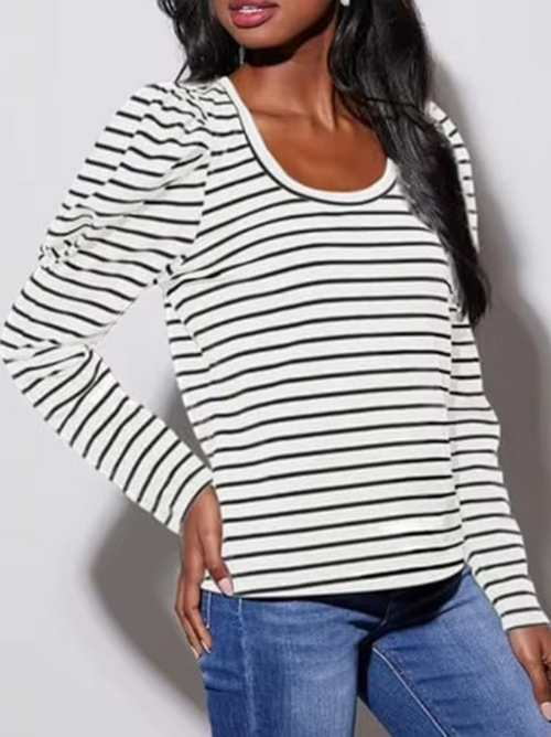 Damen Bluse, Puffärmel, gestreift, O-Ausschnitt, 100% Baumwolle-1