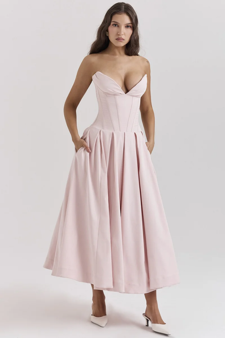 Damenkleid, V-Ausschnitt, plissierter weicher Twill 8