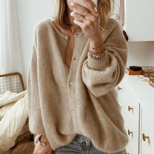 Langer Damen-Strickcardigan in Kamelfarbe – Weiche Acrylmischung mit gerippten Details und Knopfleiste 1