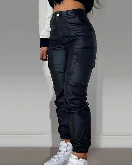 Damen-Lederhose, trendiges Design, hohe Taille, Leder-1