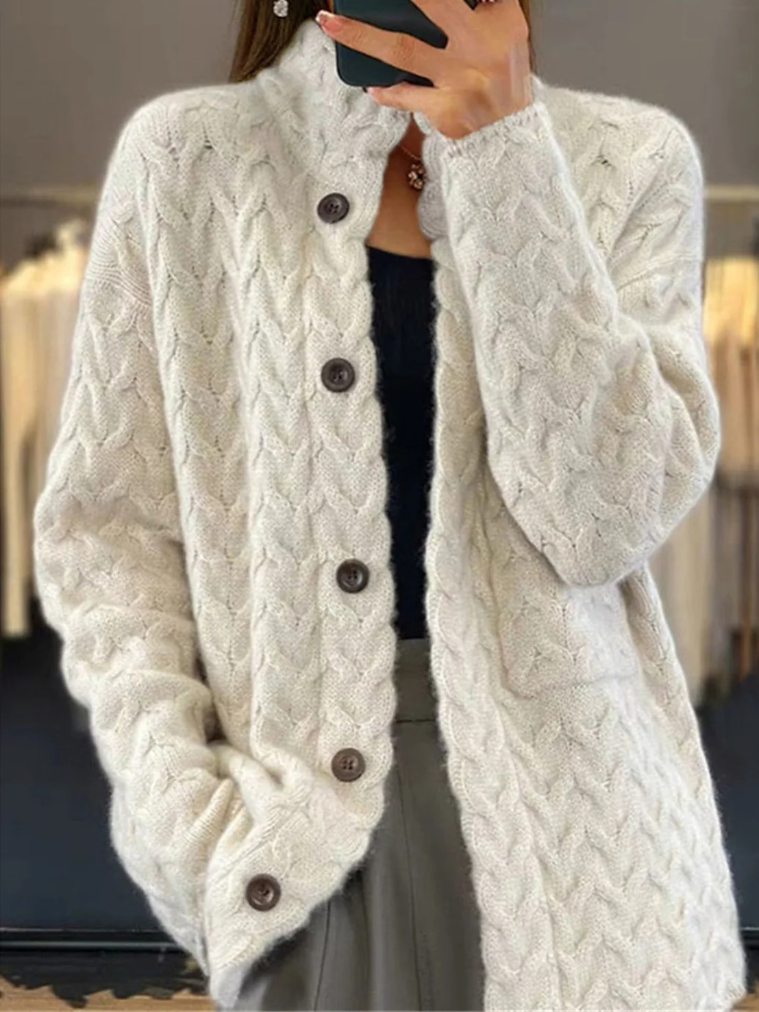 Variant image for Lange Strickjacke Damen Weich Gestrickt Offenes Design-1
