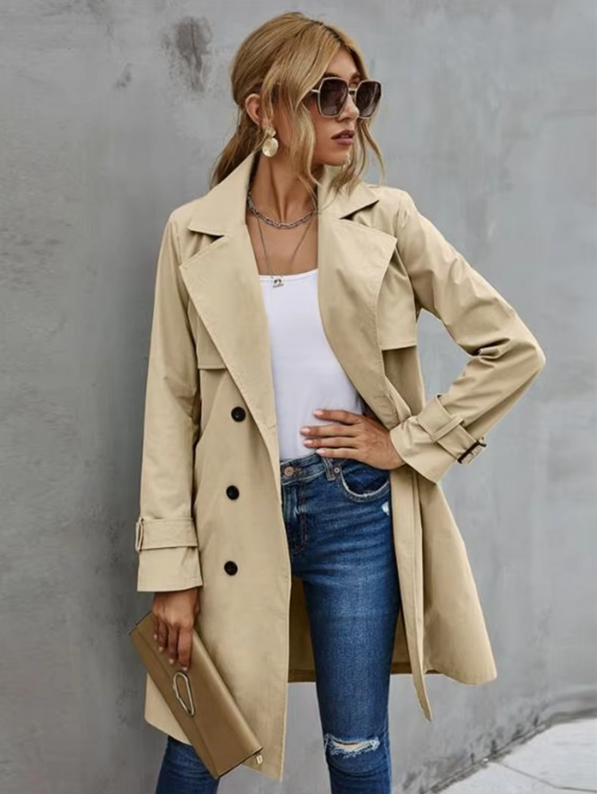 Damen-Trenchcoat, klassisches Design, Polyester, lange Ärmel-2